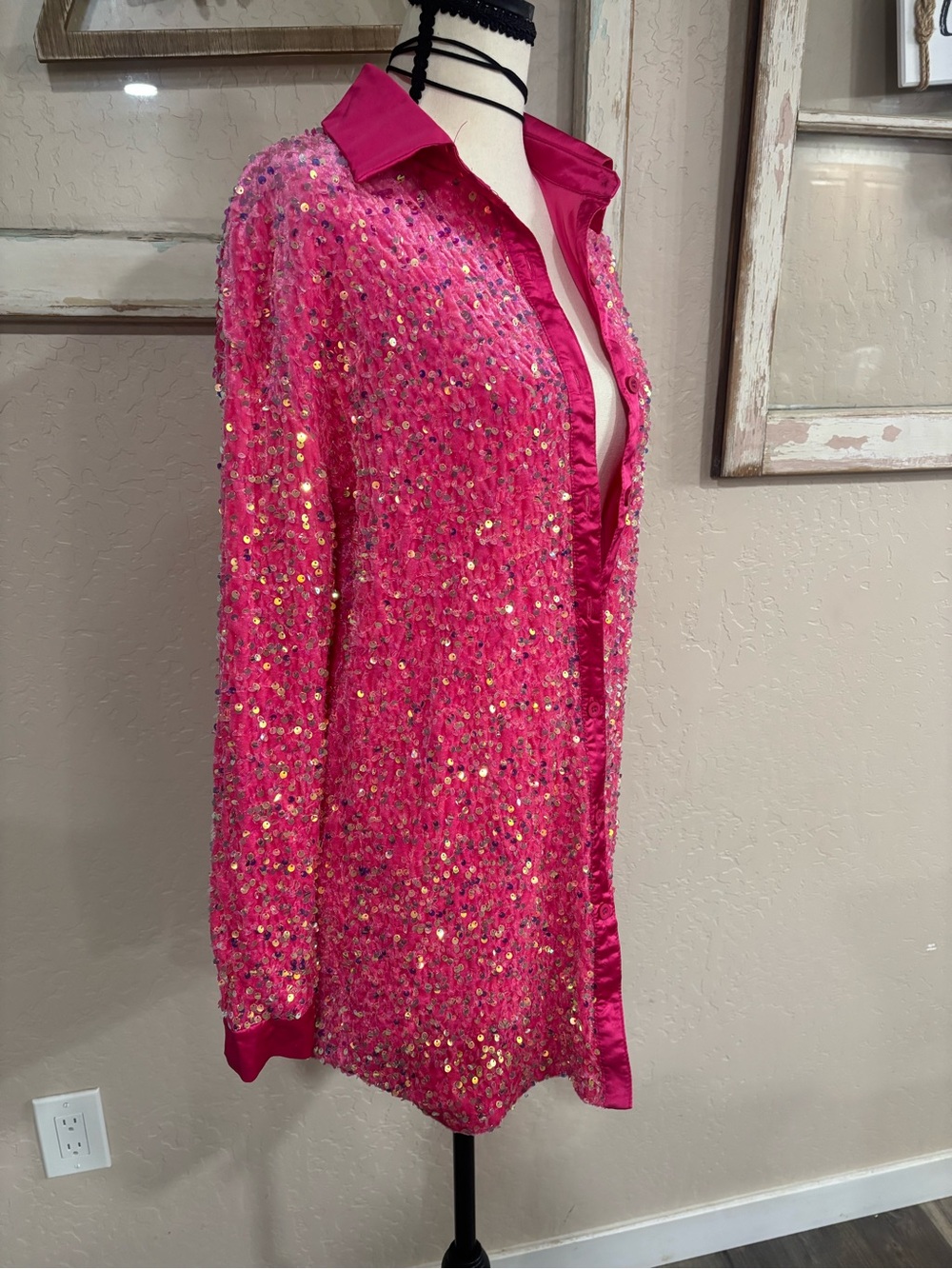 Pink Sequin Button-Up Women's Top/dress